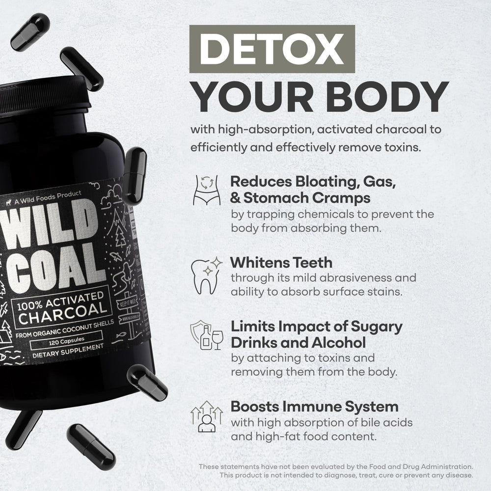 Wild Foods activated charcoal capsules label close-up highlighting coconut-shell charcoal.
