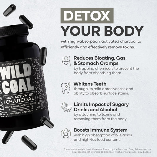 Wild Foods activated charcoal capsules label close-up highlighting coconut-shell charcoal.