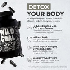 Wild Foods activated charcoal capsules label close-up highlighting coconut-shell charcoal.