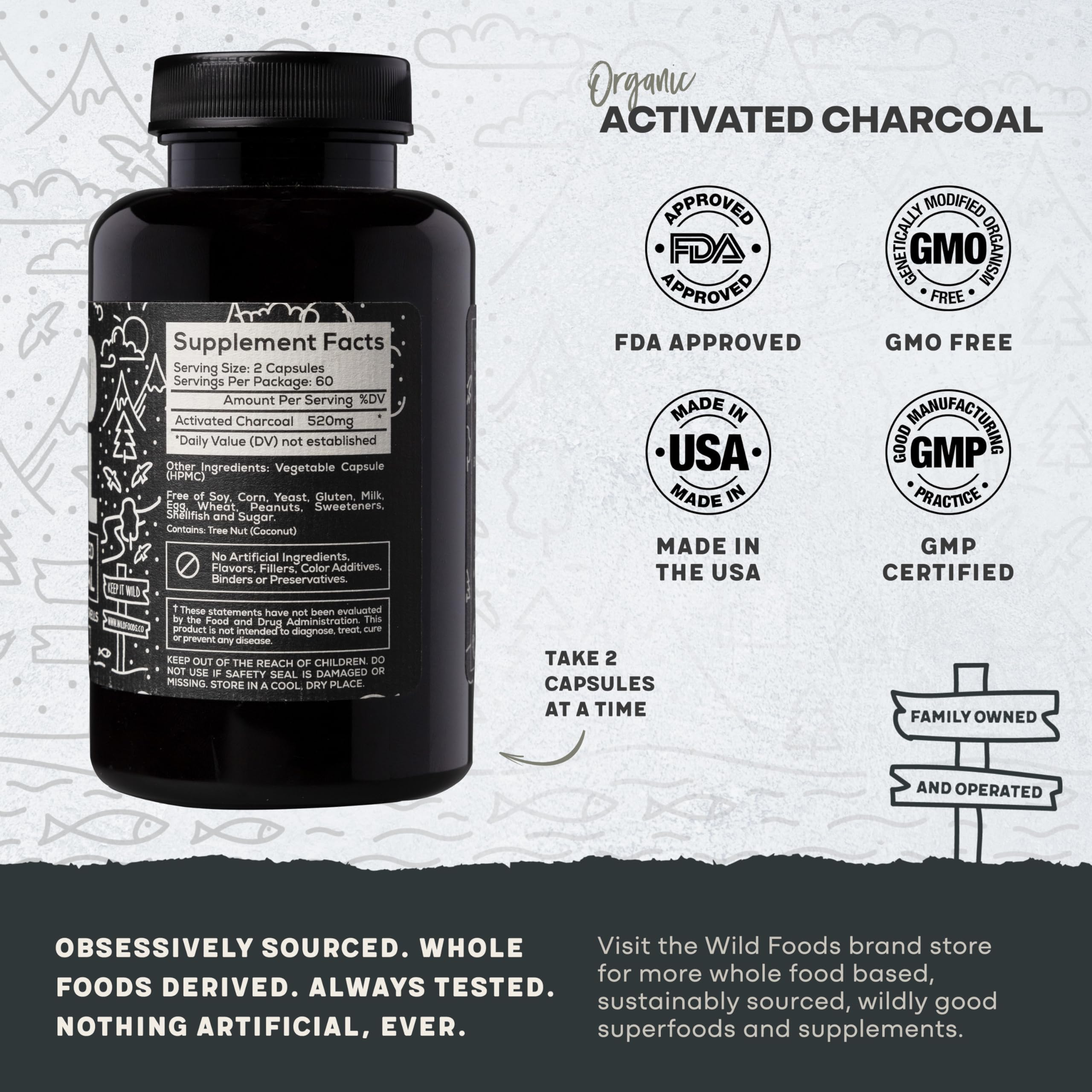 Wild Foods activated charcoal capsules three-bottle pack for value detox.
