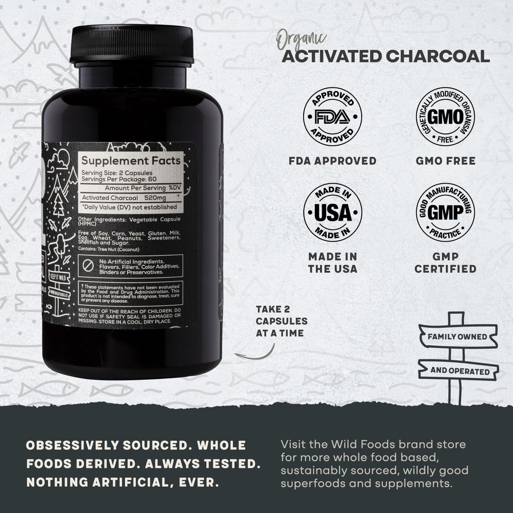 Wild Foods activated charcoal capsules three-bottle pack for value detox.