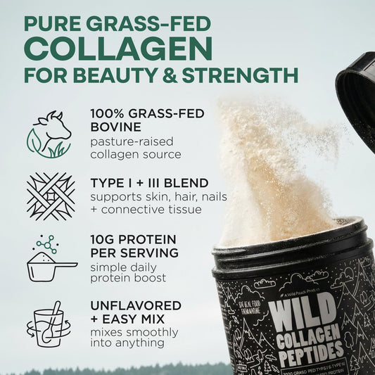 Wild Foods Collagen Peptides Powder bottle with scoop ready to mix into coffee or smoothie.