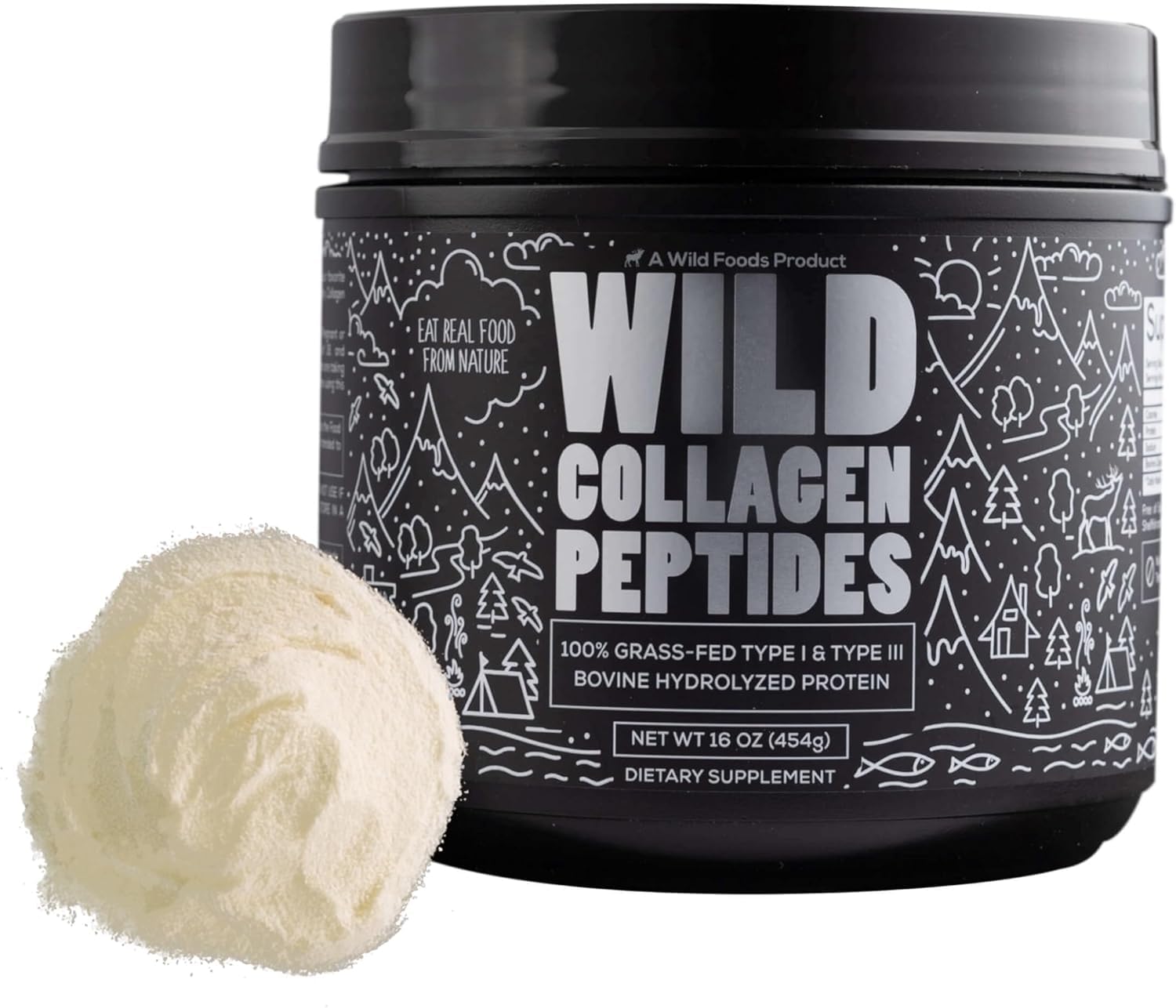Wild Foods Collagen Peptides Powder packaging highlights grass-fed sourcing and clean daily protein.