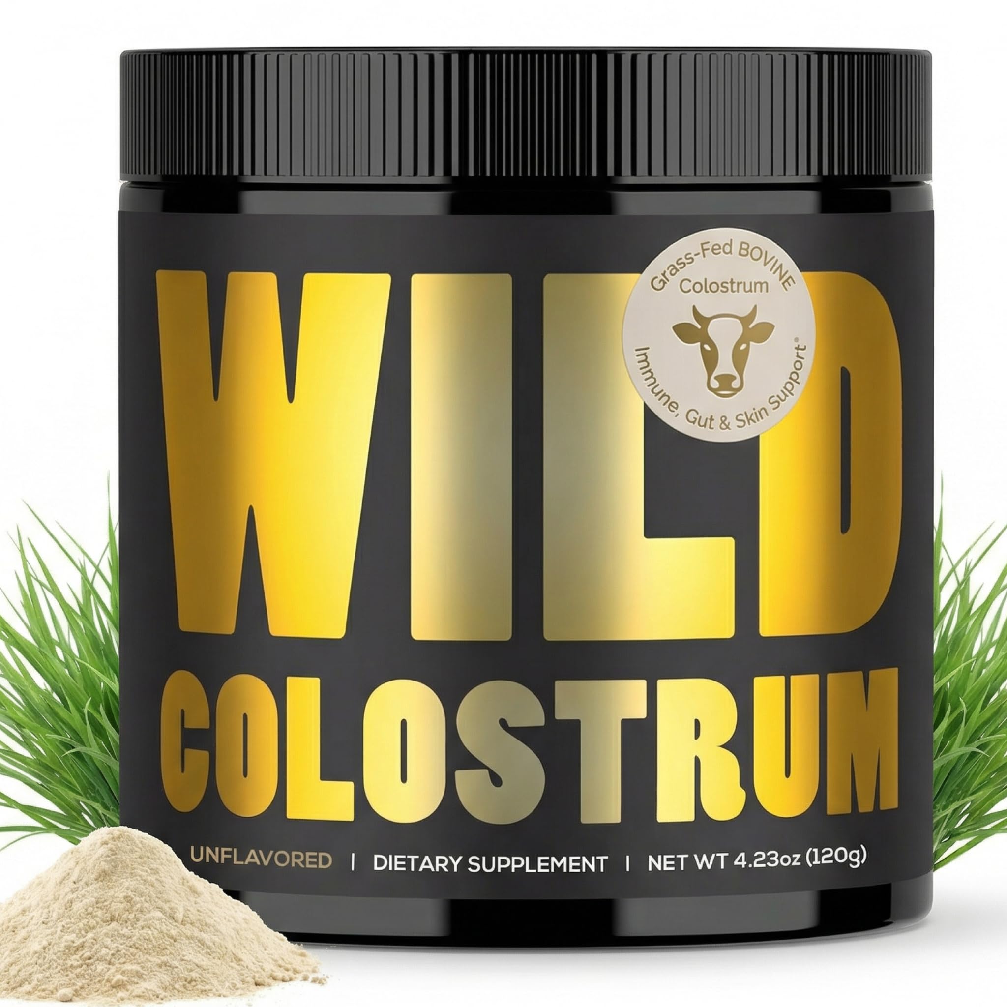 Wild Foods Colostrum Powder 120g tub on a kitchen counter for daily use