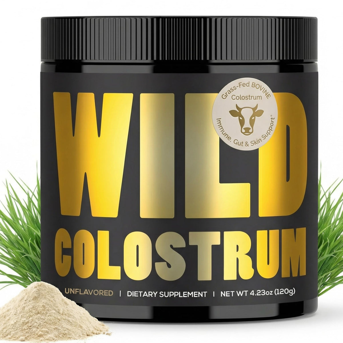 Wild Foods Colostrum Powder 120g tub on a kitchen counter for daily use