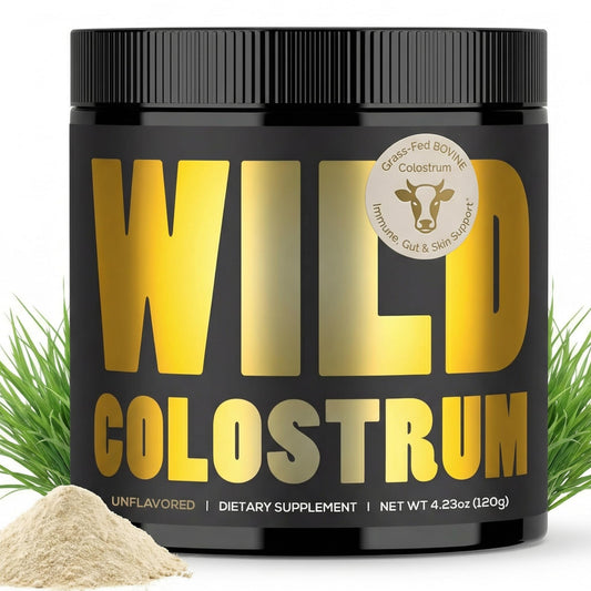 Wild Foods Colostrum Powder 120g tub on a kitchen counter for daily use