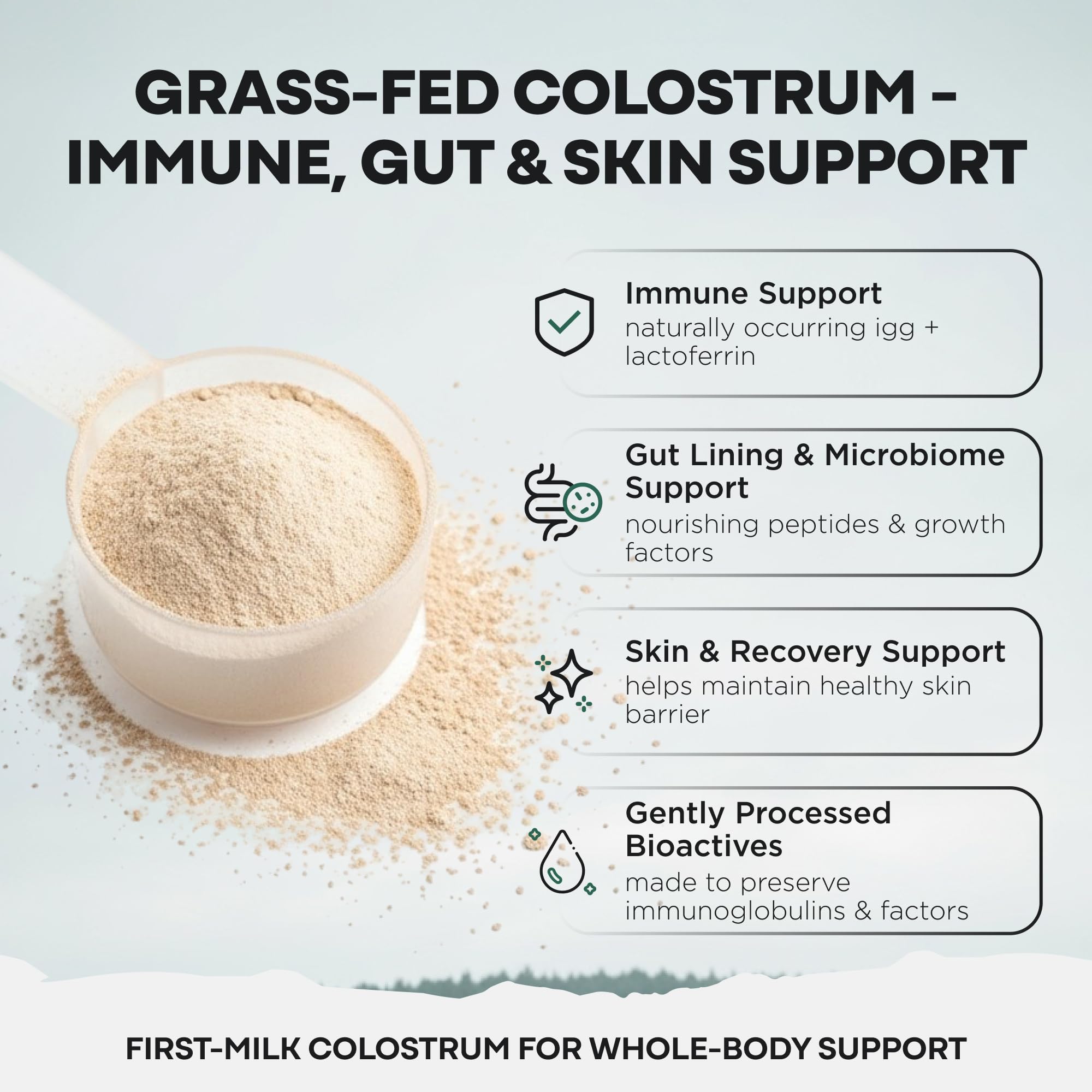 Wild Foods Colostrum Powder 2g scoop beside a glass of water for easy mixing