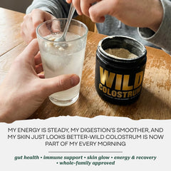 Packaging highlights 400mg IgG per serving on Wild Foods Colostrum Powder