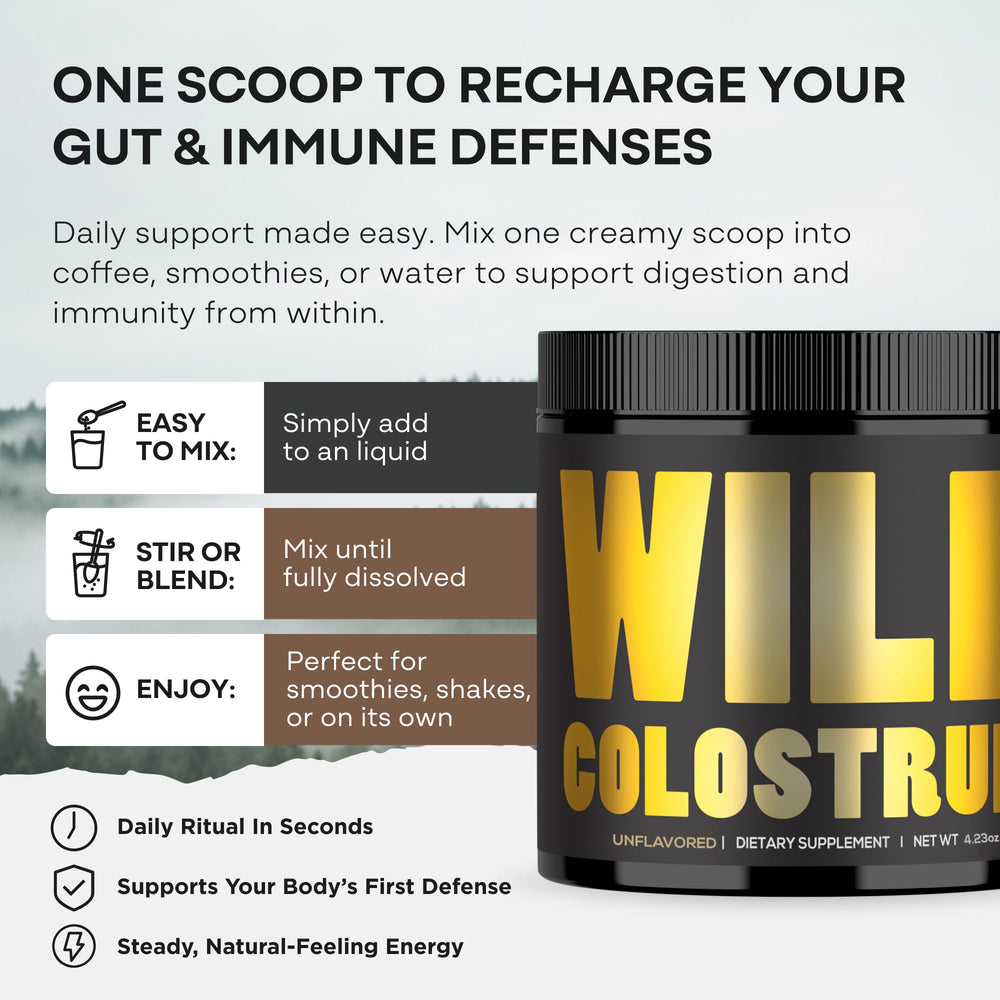 Wild Foods Colostrum Powder being mixed into a glass of water