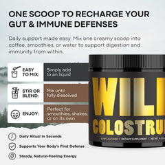Wild Foods Colostrum Powder being mixed into a glass of water