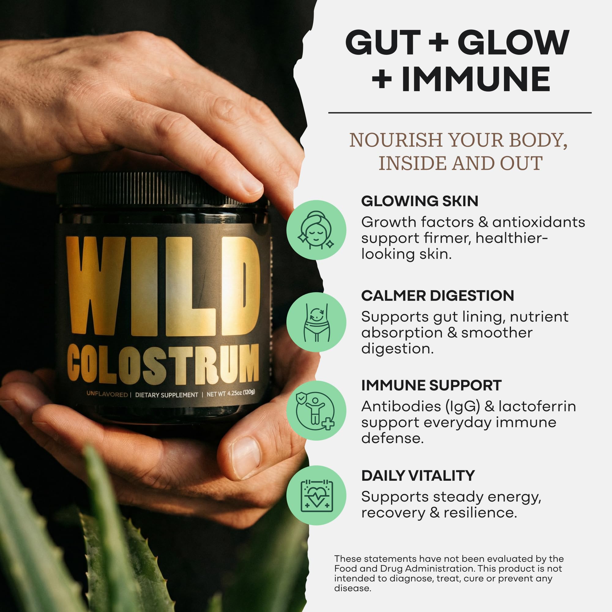 Pasture-raised New Zealand cows label on Wild Foods Colostrum Powder container