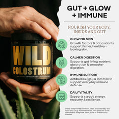 Pasture-raised New Zealand cows label on Wild Foods Colostrum Powder container
