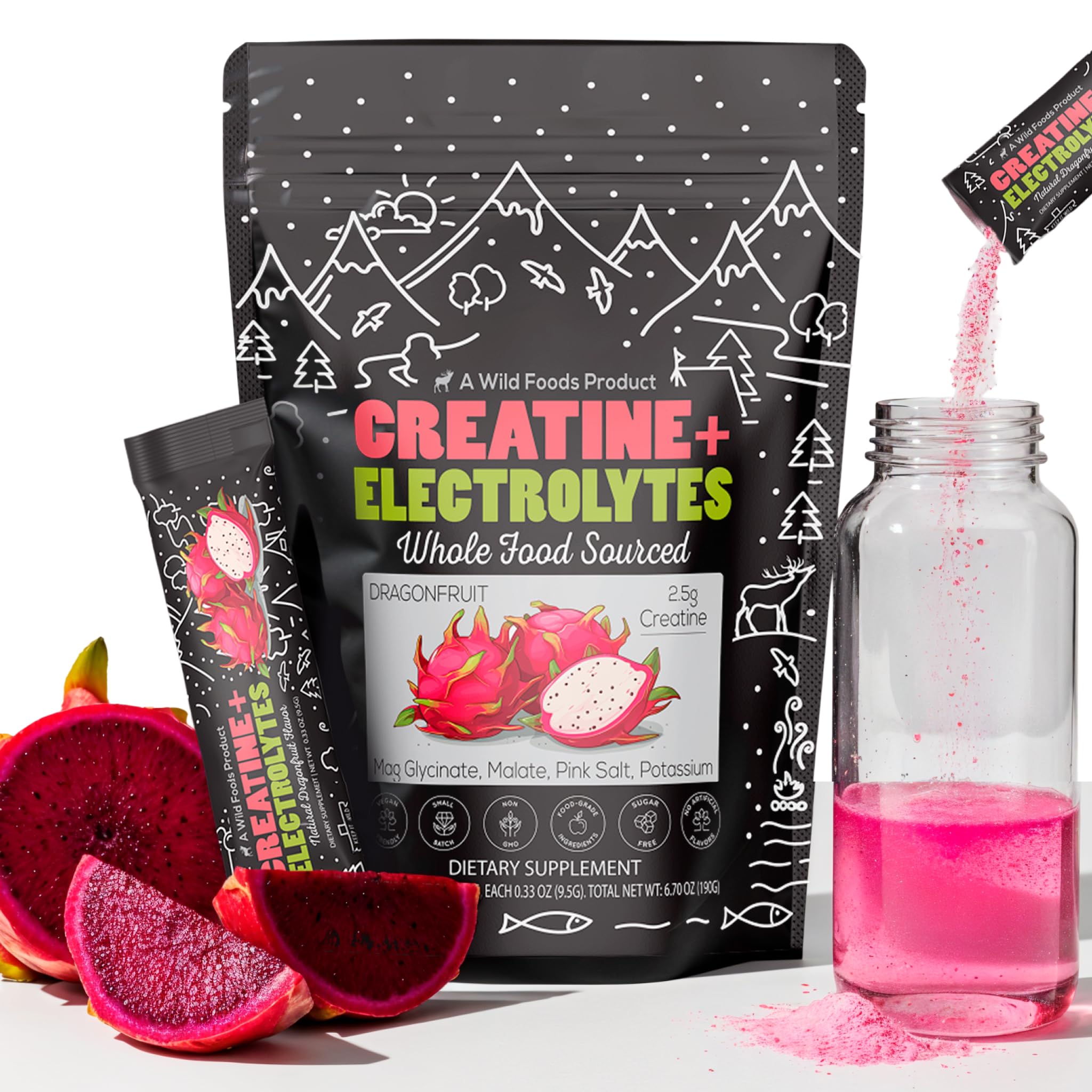 Wild Foods creatine-electrolytes dragonfruit packets for on-the-go hydration during workouts.