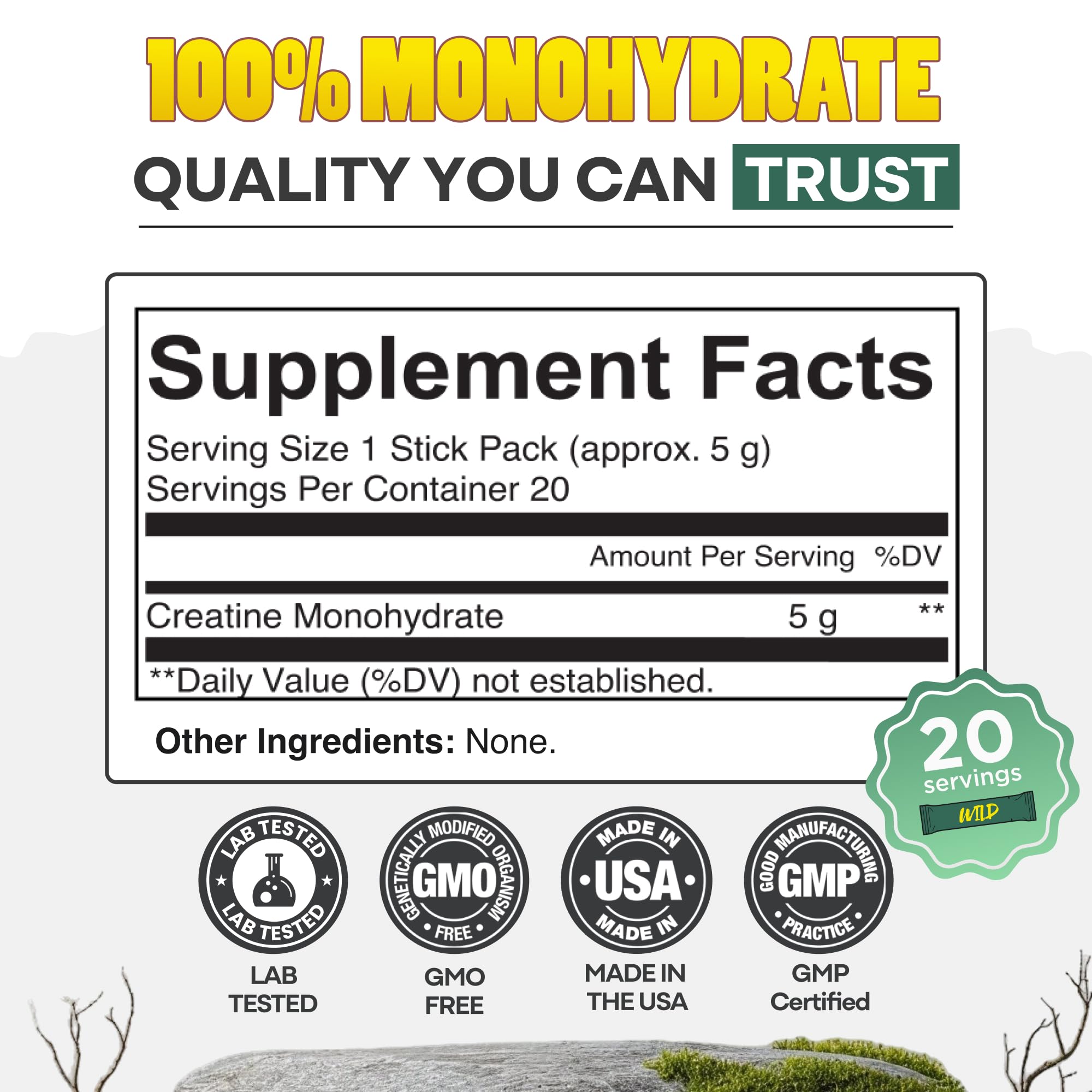 Wild Foods creatine monohydrate with clean ingredients for vegan and allergen-free diets.