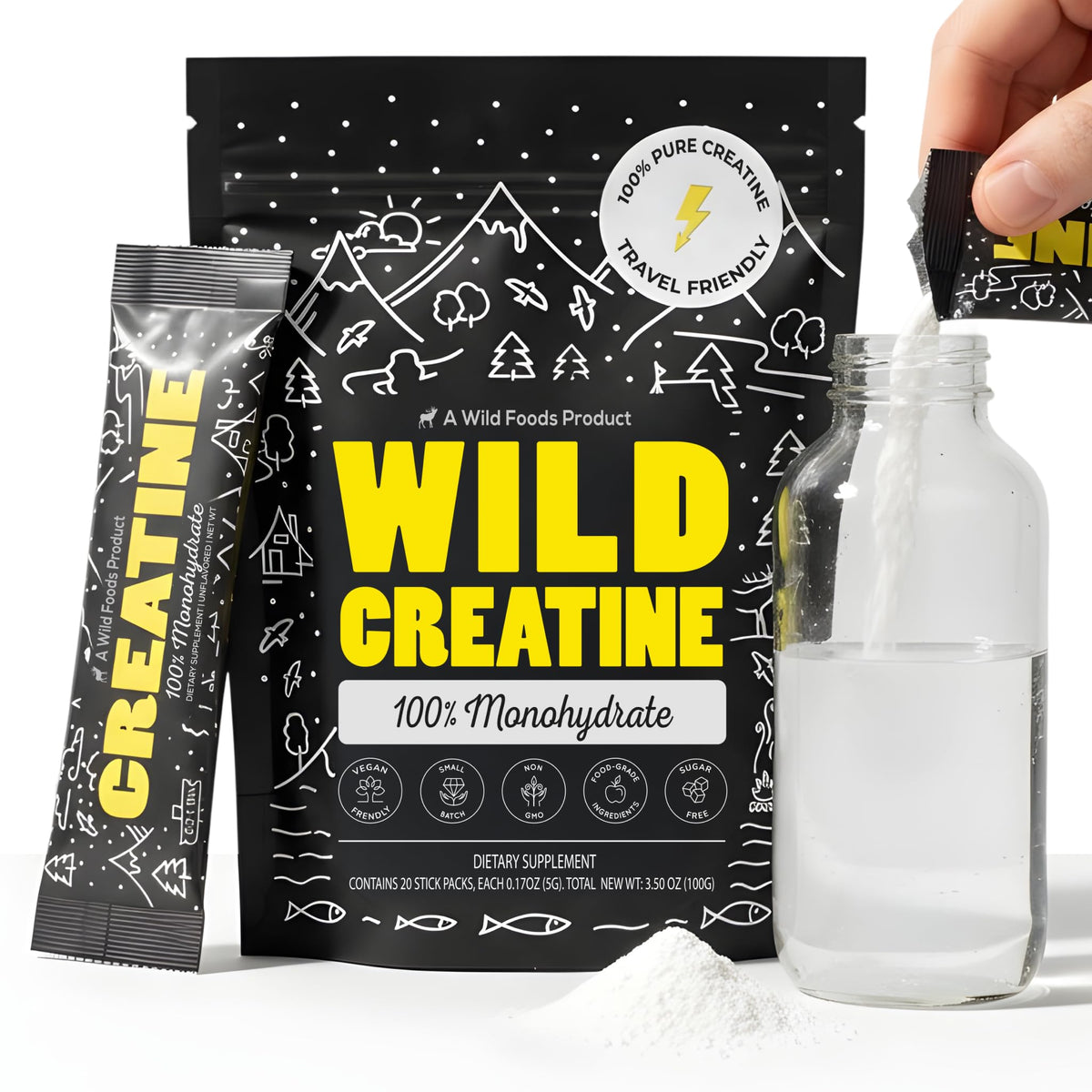 Wild Foods creatine stick packet ready to mix for workouts.