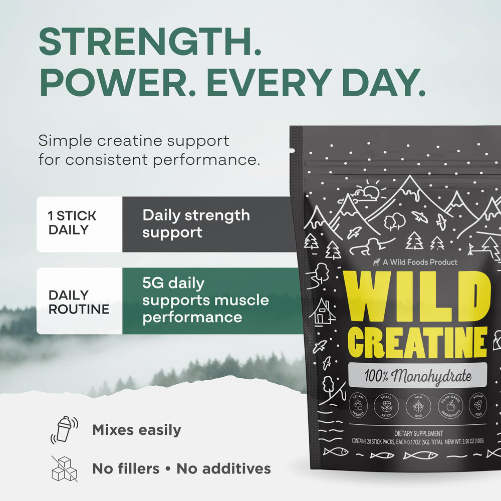 Wild Foods creatine stick packet in a travel bag for on-the-go fueling.