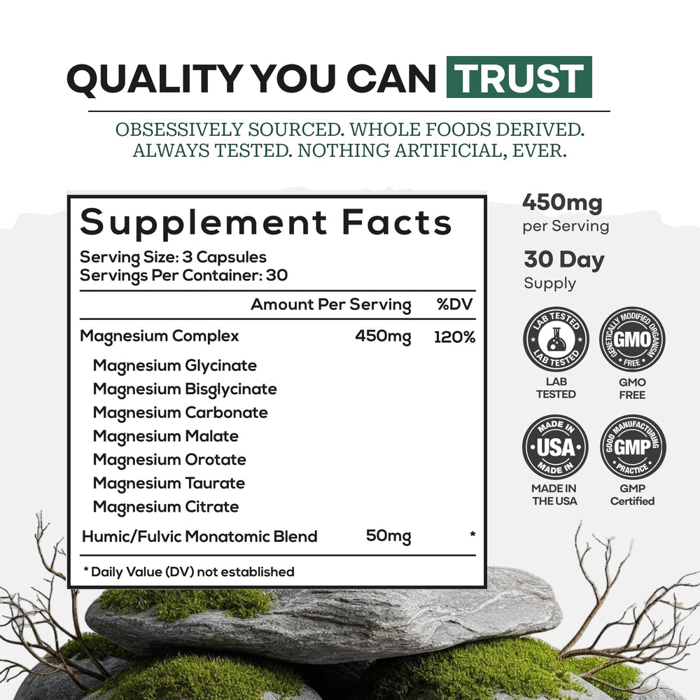 Wild Foods Magnesium Complex bottle pour demonstrates convenient 90-capsule daily dose.