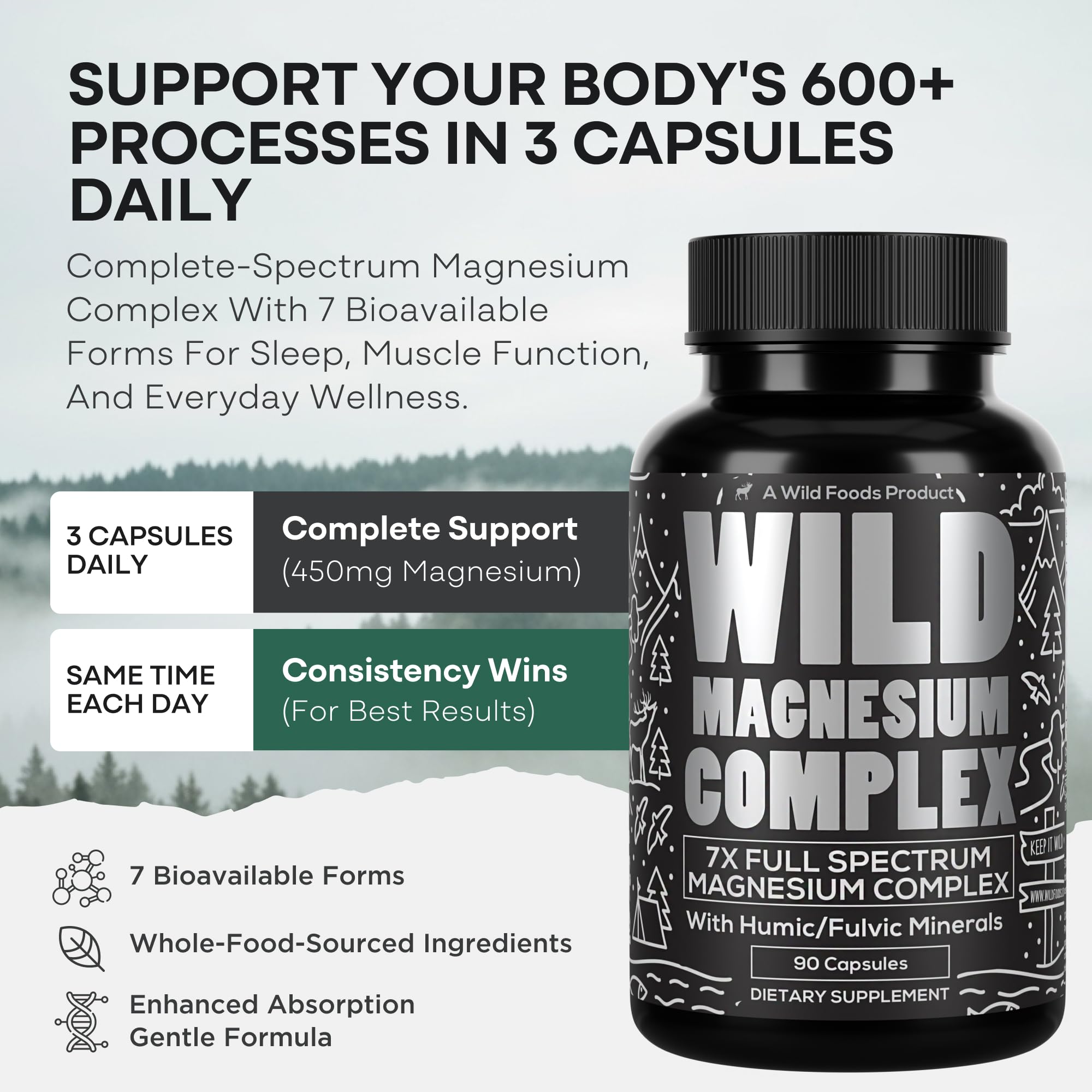 Wild Foods Magnesium Complex label view highlights vegan, non-GMO ingredients.