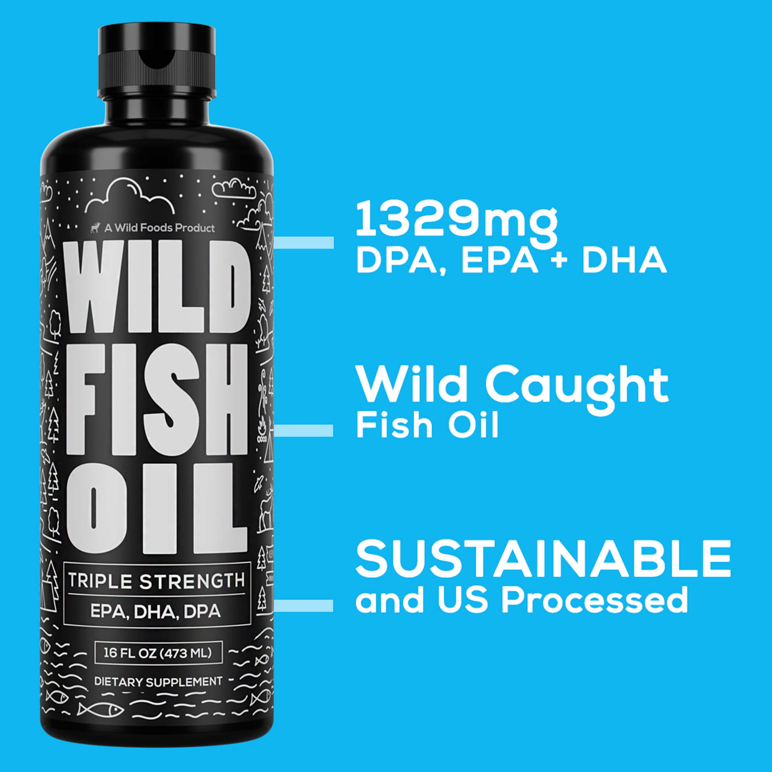 Sustainability theme with Wild Foods Omega-3 Lemon bottle on store shelf