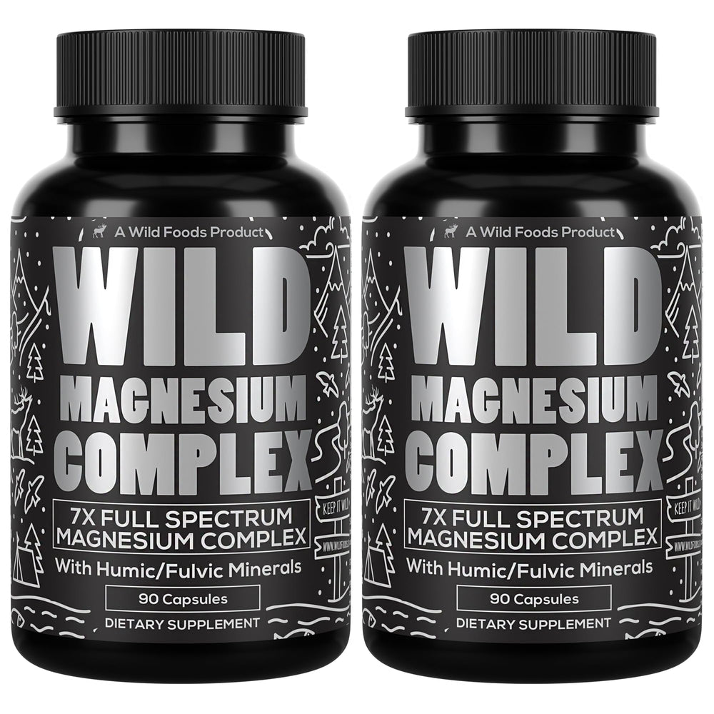 Wild Foods magnesium complex bottle front; supports daily wellness with a balanced mineral blend.