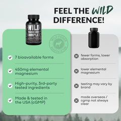 Wild Foods magnesium packaging shadow; vegan, non-GMO formulation.