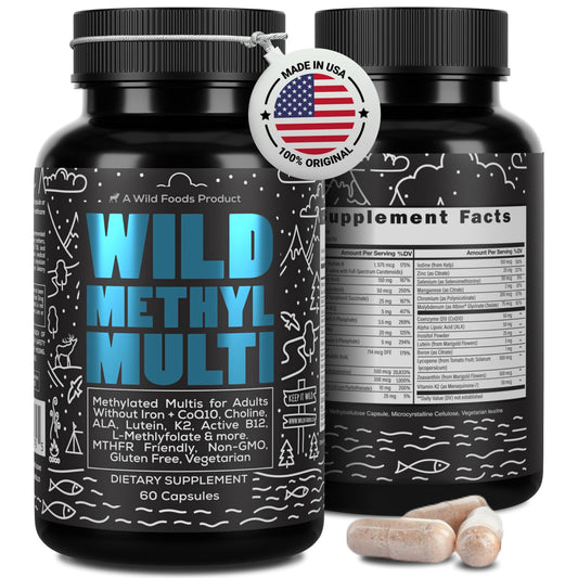 Wild Foods methylated multivitamin bottle shown for daily nutrient support