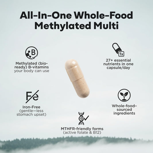Wild Foods Wild Methylated Multivitamin tablets closeup highlights methylfolate and B12 for absorption.