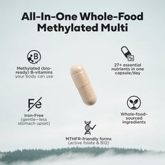 Wild Foods Wild Methylated Multivitamin tablets closeup highlights methylfolate and B12 for absorption.