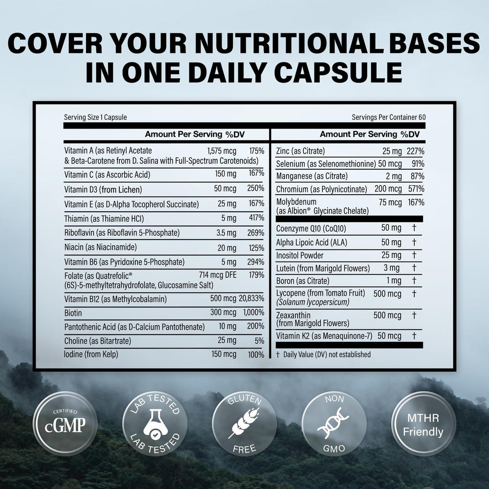 Two bottles of Wild Foods methylated multivitamin emphasize value and convenience
