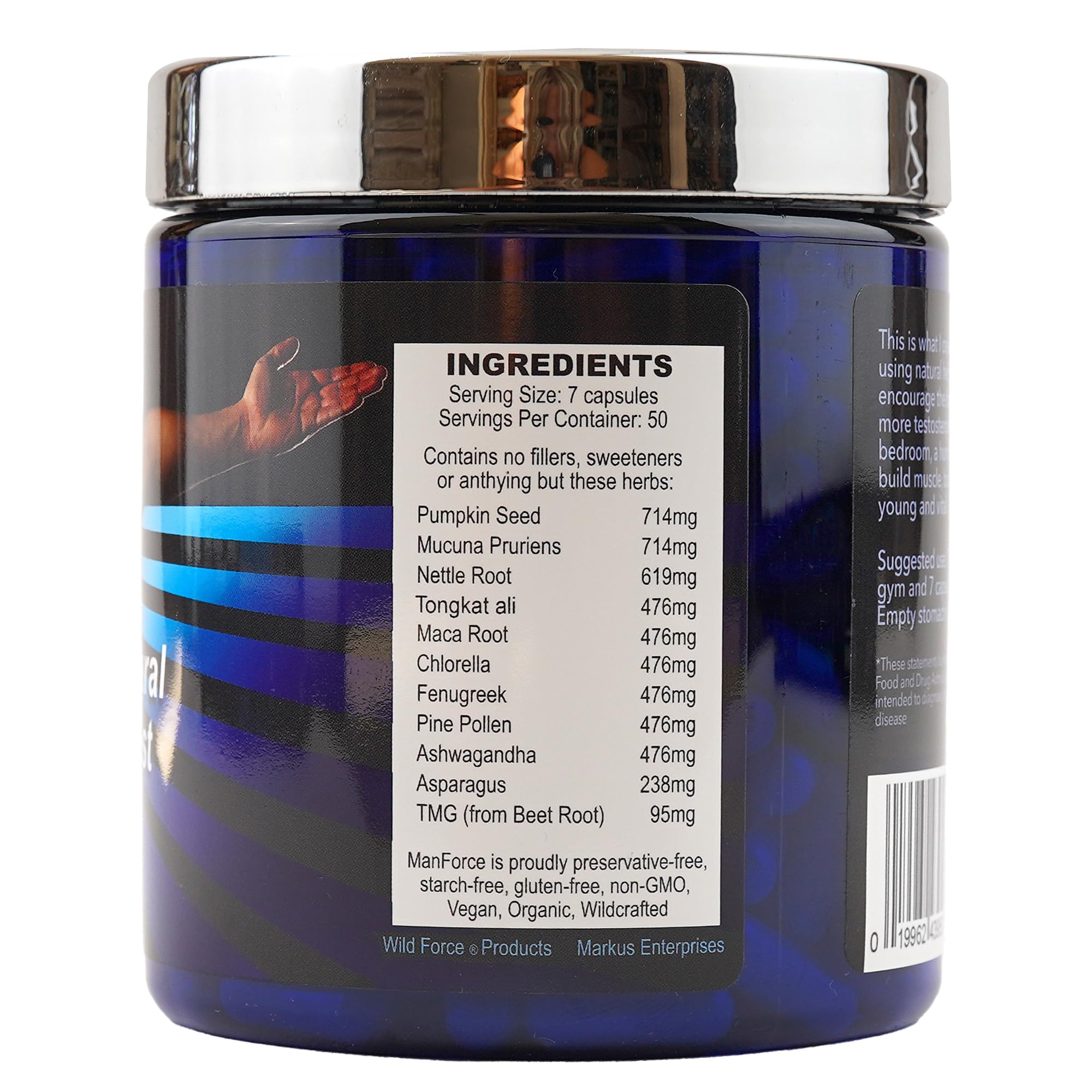 Wild Force Man Force label displays ingredients and branding for transparent herbal formula.
