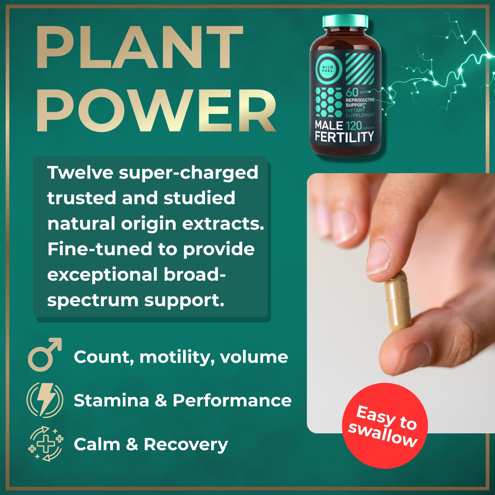 Wild Fuel complete fertility blend capsules shown for motility and volume support.