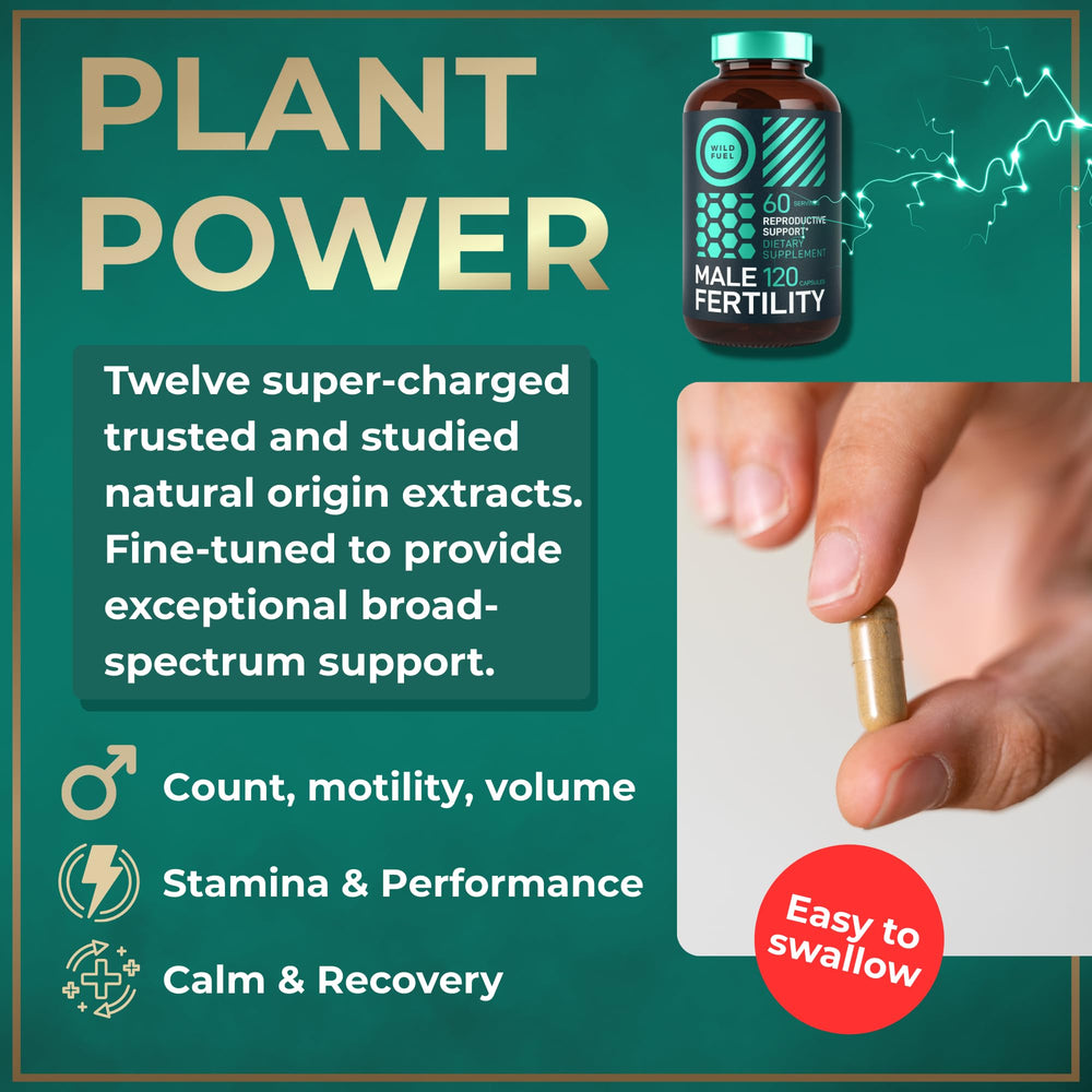 Wild Fuel complete fertility blend capsules shown for motility and volume support.