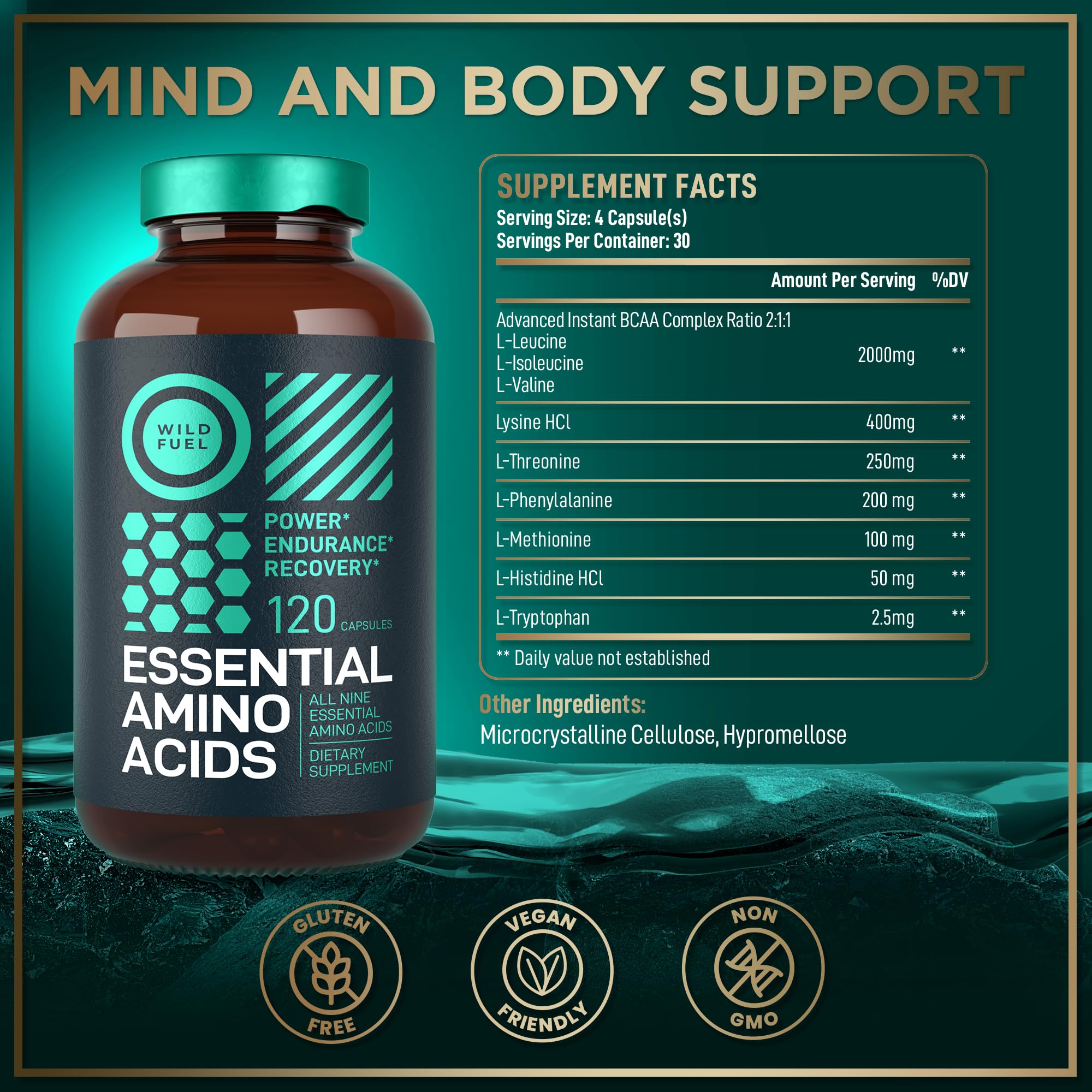 Wild Fuel Essential Amino Acids vegan-friendly certification and packaging.