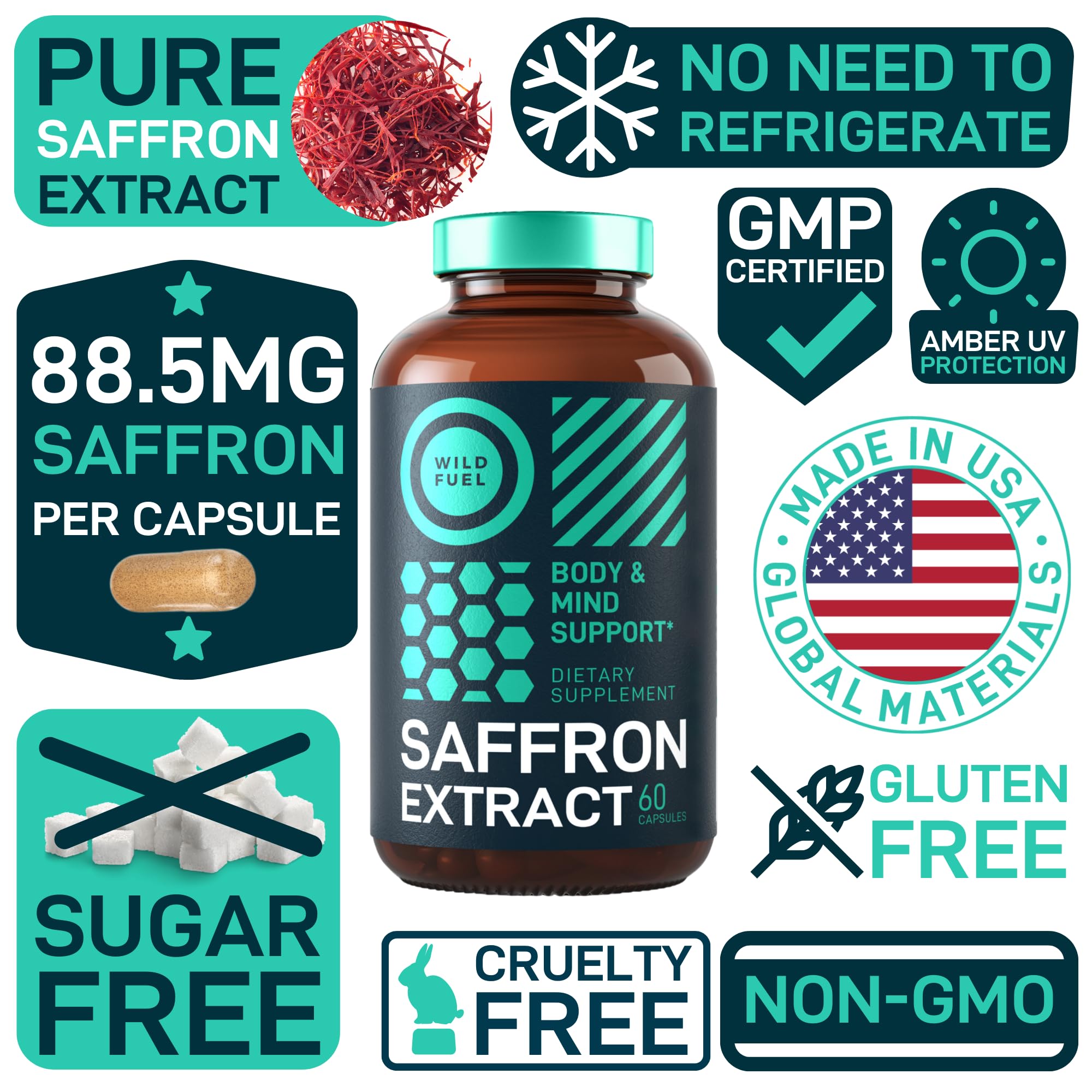 Wild Fuel saffron enhances eye health and focus, as shown in product benefits.