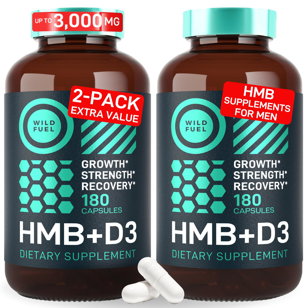 Wild Fuel HMB-D3 capsules bottle for convenient daily strength support.