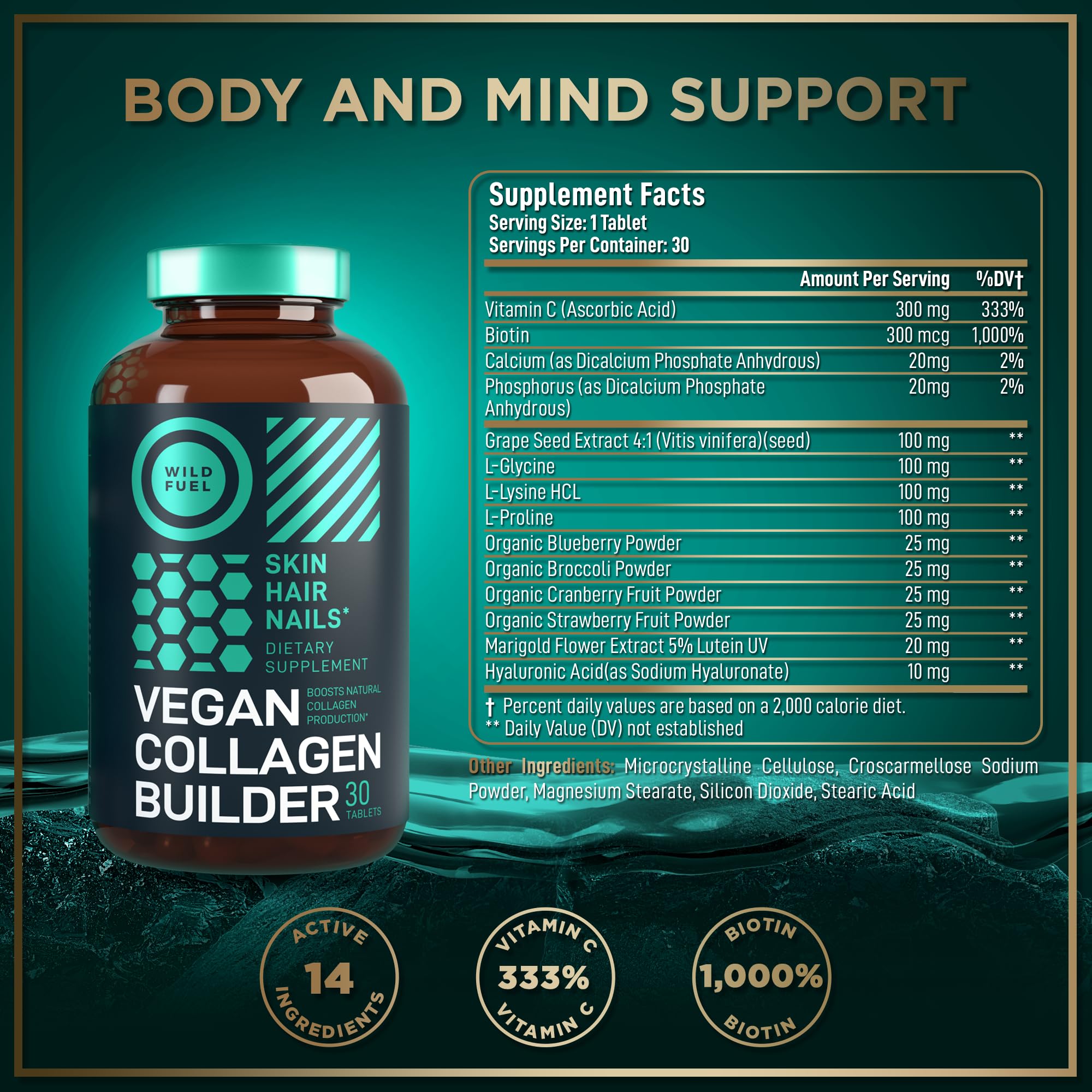 WILD FUEL Vegan Collagen Builder ingredients glycine lysine proline illustrate essential amino acids for collagen.