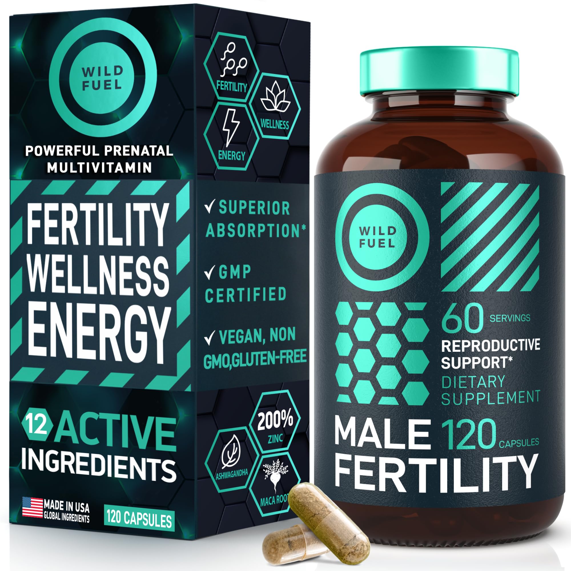 Wild Fuel men's fertility prenatal vitamin bottle with capsules for vitality and family planning.