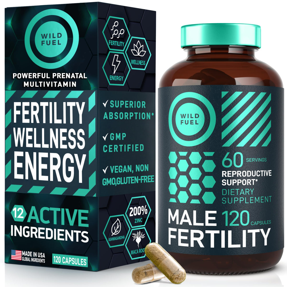 Wild Fuel men's fertility prenatal vitamin bottle with capsules for vitality and family planning.