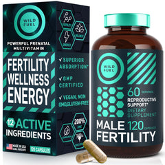 Wild Fuel men's fertility prenatal vitamin bottle with capsules for vitality and family planning.
