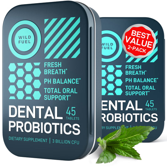 WILD FUEL oral probiotics tin pack shot highlighting mint formula for fresh breath.