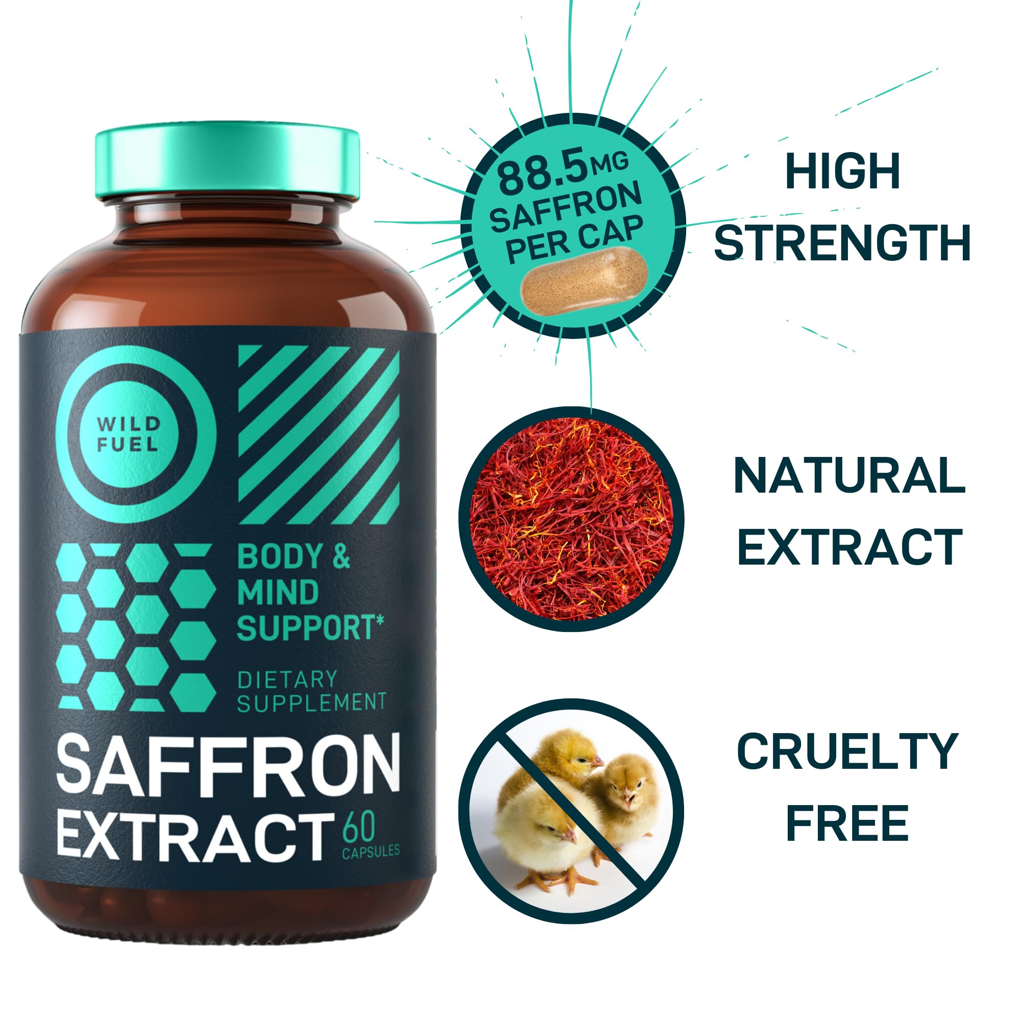 Wild Fuel Saffron supplement bottle on shelf, emphasizing appetite control potential.