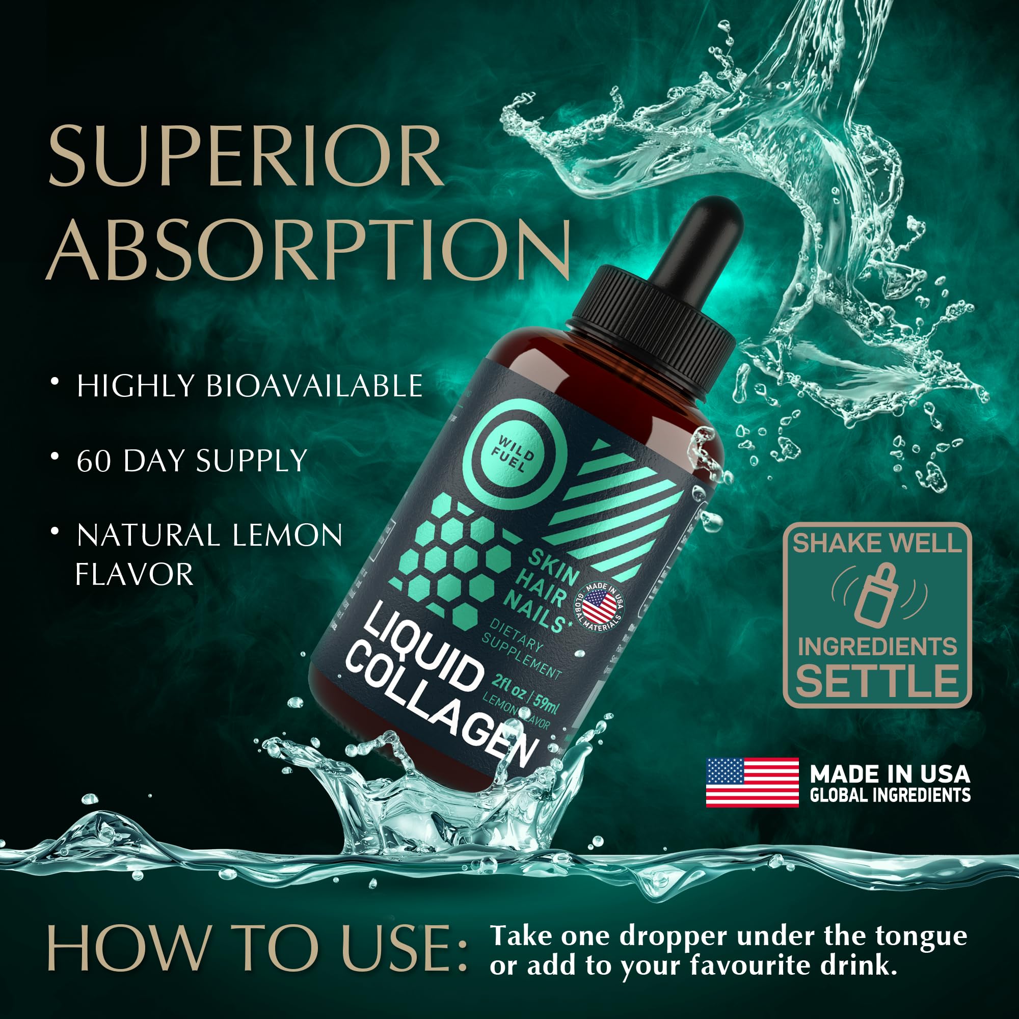 Two-pack of WILD FUEL collagen drops bottles ideal for value-packed routines.