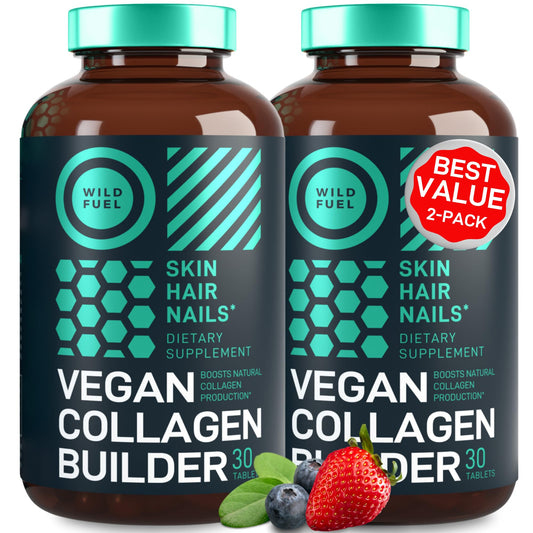 Wild Fuel vegan collagen booster tablets bottle for convenient daily support of skin, hair, and nails.