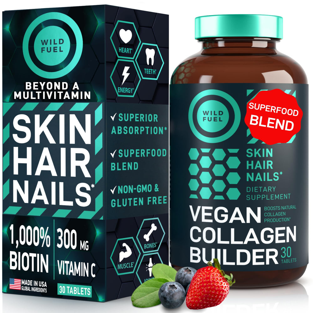 WILD FUEL Vegan Collagen Builder bottle front shows plant-based beauty support.