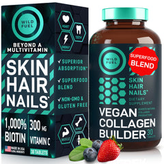 WILD FUEL Vegan Collagen Builder bottle front shows plant-based beauty support.