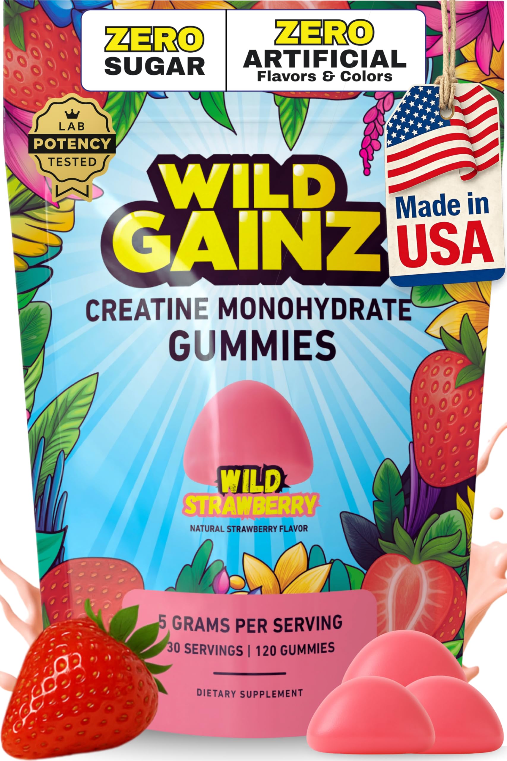 WILD GAINZ Creatine Gummies bottle-front, a convenient workout companion for training days