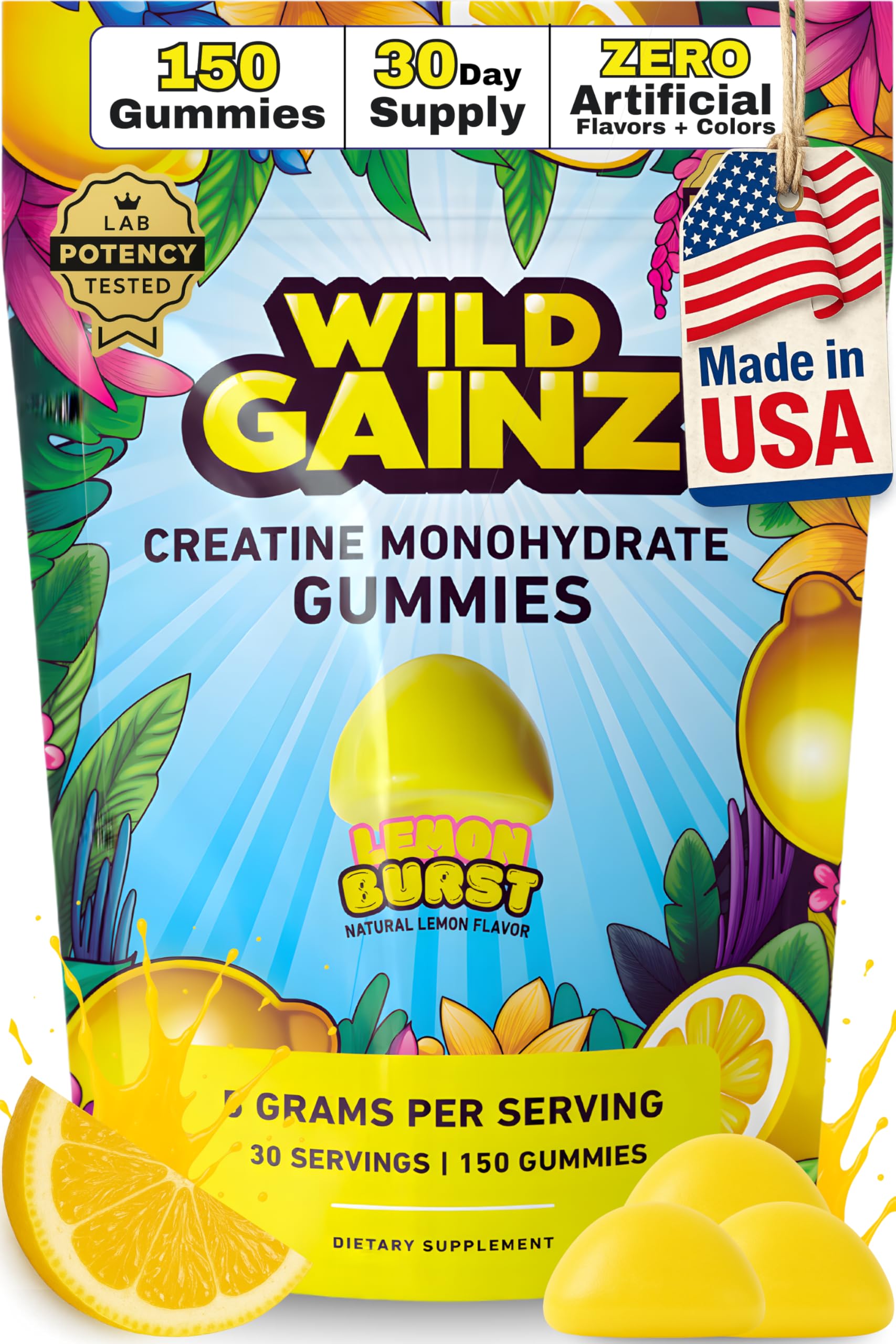 Wild Gainz Creatine Monohydrate Gummies bottle label emphasizes lab-tested potency for confidence.