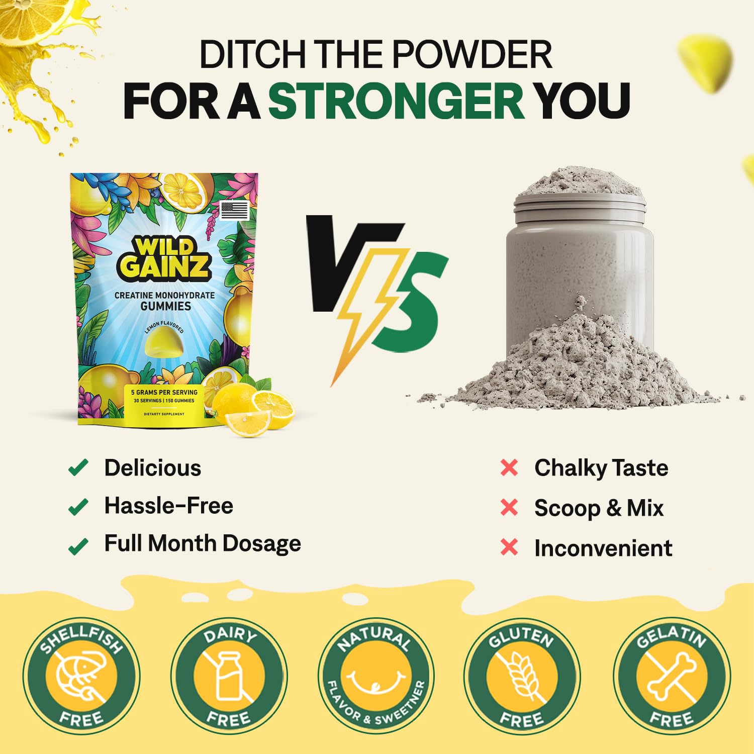 Wild Gainz gummies bottle open scene highlights portable, mess-free use during workouts.