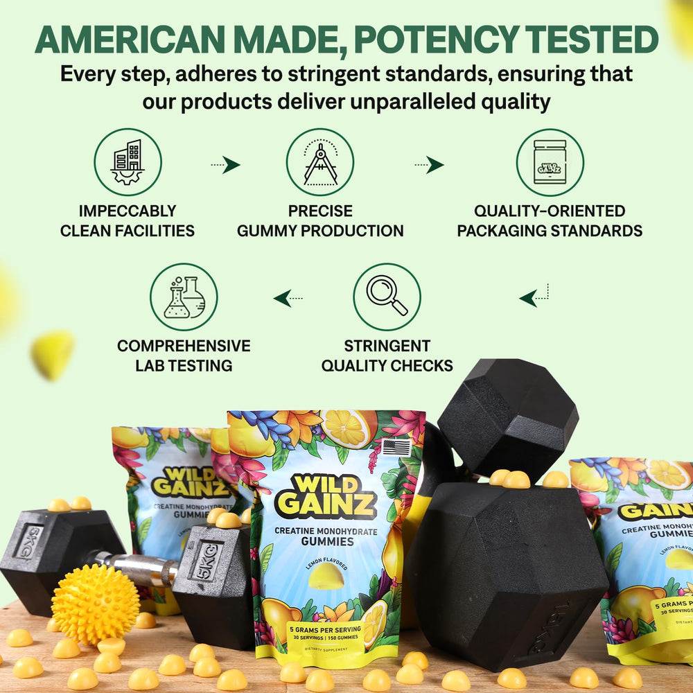 Wild Gainz gummies pack sideview notes 150 chews per pack for month-long use.