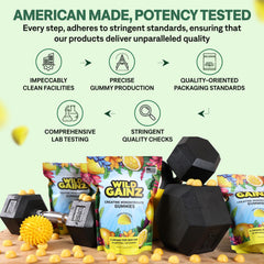 Wild Gainz gummies pack sideview notes 150 chews per pack for month-long use.